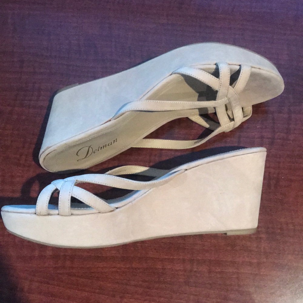 Delman tan suede wedge slides